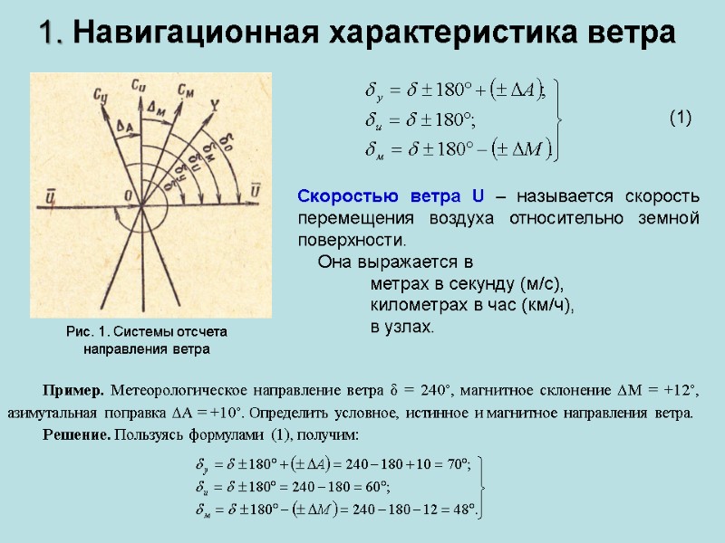 1. Навигационная характеристика ветра Рис. 1. Системы отсчета направления ветра Скоростью ветра U – 1. Навигационная характеристика ветра Рис. 1. Системы отсчета направления ветра Скоростью ветра U –